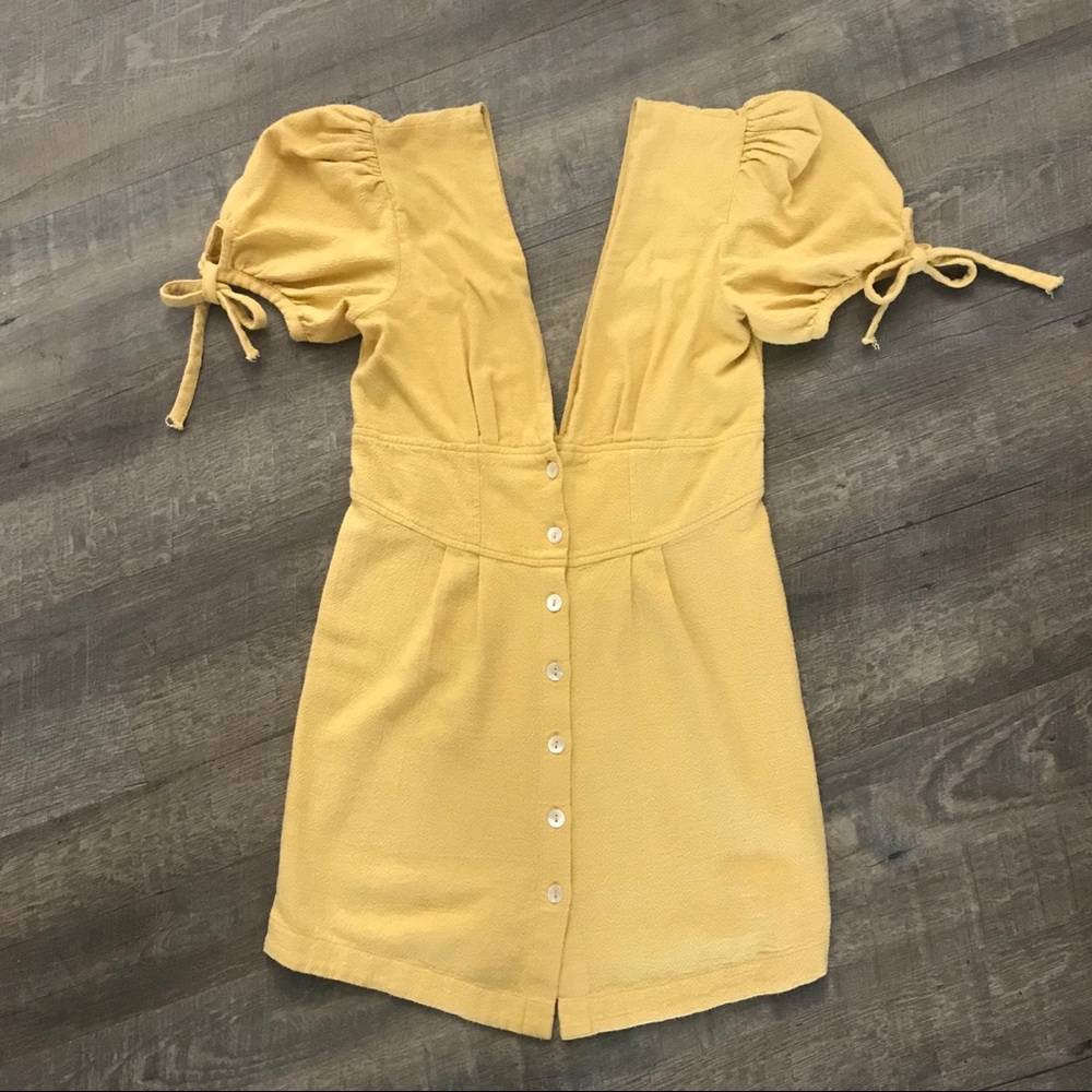 FREE PEOPLE Deep V Mini Dress with Puff Sleeves